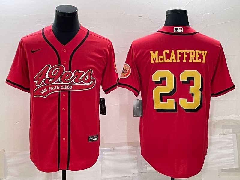 Mens San Francisco 49ers #23 Christian McCaffrey Red Gold With Patch Cool Base Stitched Baseball Jersey